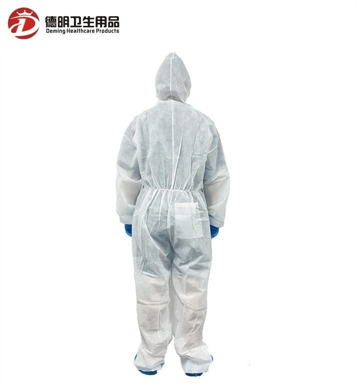 Back view of white SMS protective suit with elastic waist